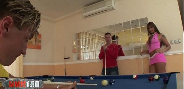 Young slut fucked by two guys on a pool table